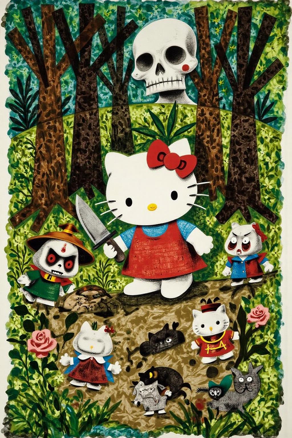 illustration Hello Kitty in the middle of the forest holding a knife, the atmosphere and the character looks scary, Hello Kitty is hidden by the shadows.  <lora:gwonder1_cap_d6a3e15:1.0><lora:826631834390544232:0>