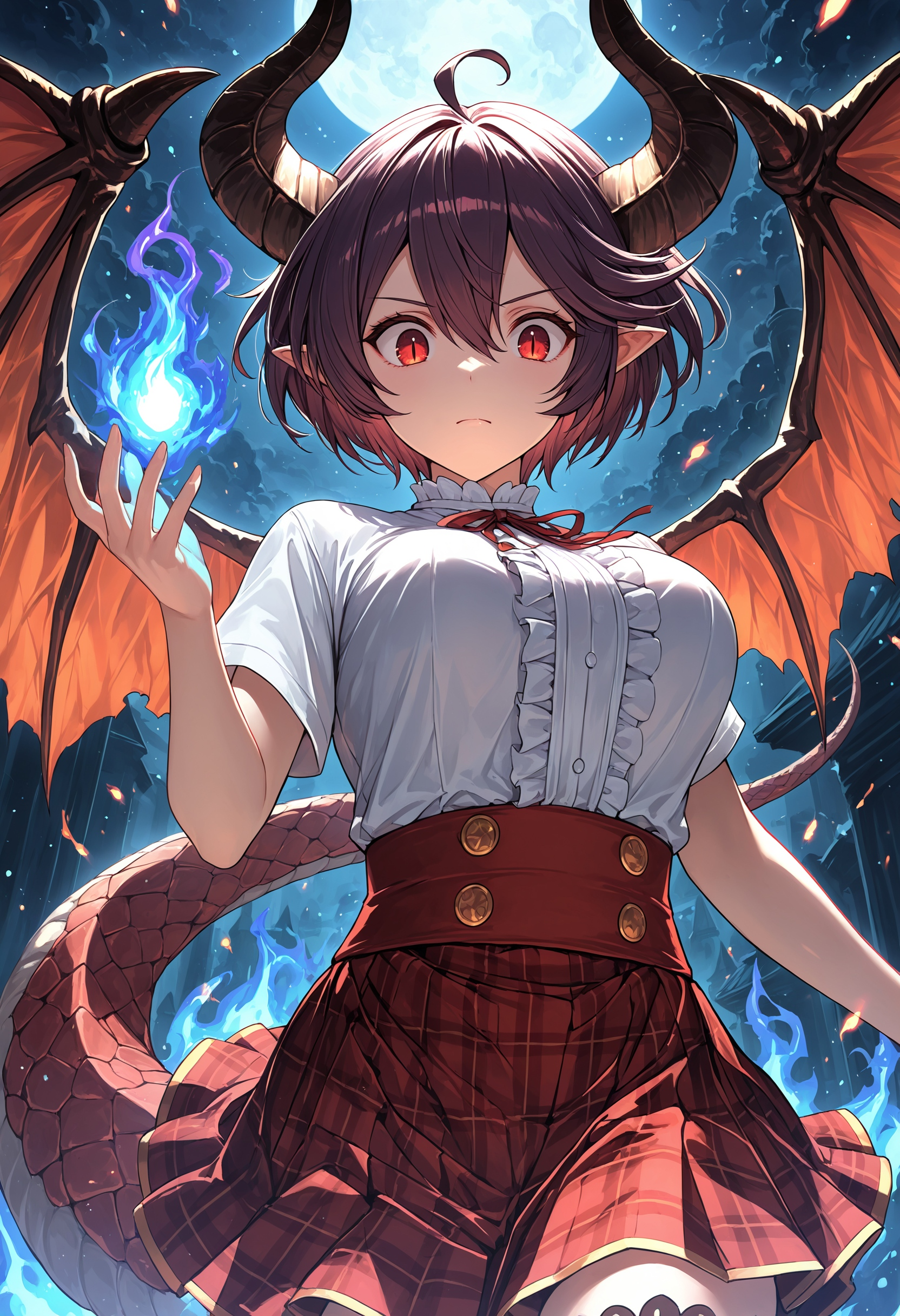 masterpiece, best quality, safe,
1girl, grea \(shingeki no bahamut\),
very awa, dragon girl, dragon tail, dragon horns, dragon wings, serious expression, looking at viewer, looking down, upper body, casting spell, blue flames, blue flame magic, red eyes, slit pupils, medium breasts, (large breasts:0.1), windy, (floating hair:0.7), celestial aura, magic, shirt, floating clothes, red skirt, short hair, white shirt, black hair, short sleeves, horns, blurry foreground, tail raised, pointy ears, purple fire, hand up, light particles, night, wide-eyed, skirt, closed mouth, fire, solo