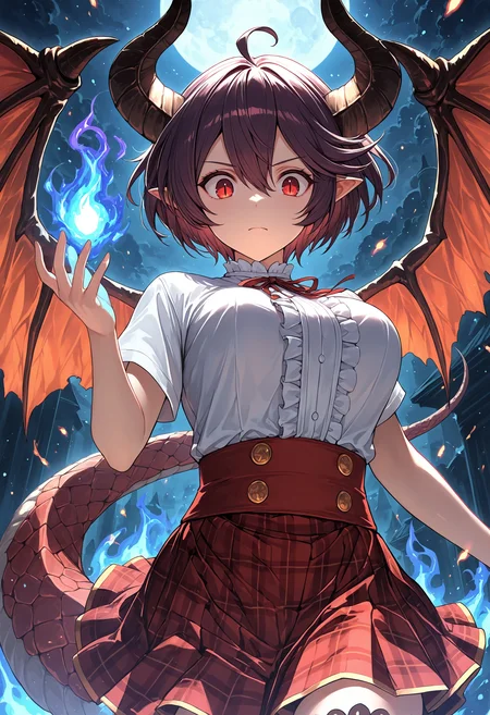 masterpiece, best quality, safe,
1girl, grea \(shingeki no bahamut\),
very awa, dragon girl, dragon tail, dragon horns, dragon wings, serious expression, looking at viewer, looking down, upper body, casting spell, blue flames, blue flame magic, red eyes, slit pupils, medium breasts, (large breasts:0.1), windy, (floating hair:0.7), celestial aura, magic, shirt, floating clothes, red skirt, short hair, white shirt, black hair, short sleeves, horns, blurry foreground, tail raised, pointy ears, purple fire, hand up, light particles, night, wide-eyed, skirt, closed mouth, fire, solo