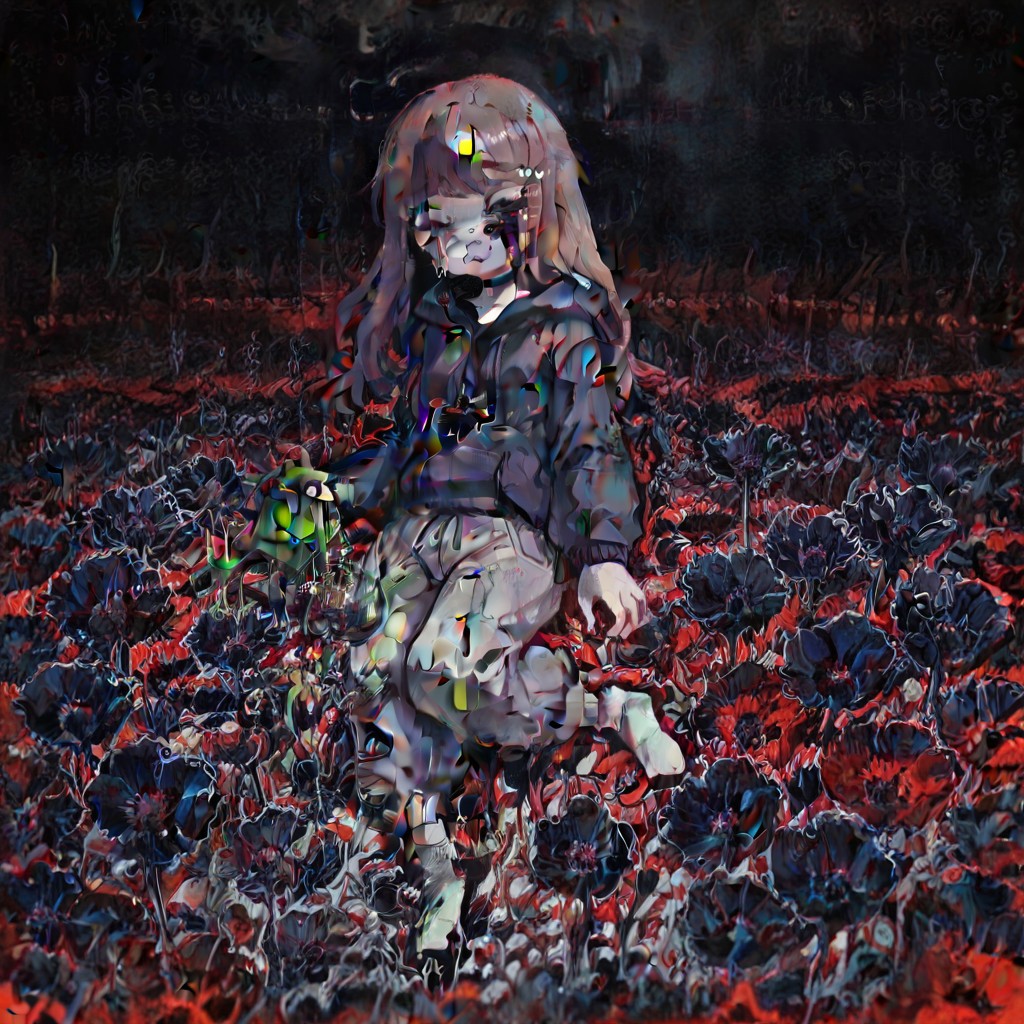 Paula,1girl,Brown hair,mask with :3 symbol,choker,bangs, hoodie,baggy gray pants,white socks,Long hair
Paula lying on her side in a field of black flowers. Paula is crying, her eyes watering, tears running down her face and falling to the ground, black sky, red sound, red atmosphere, depressing atmosphere, dull, dark colors.