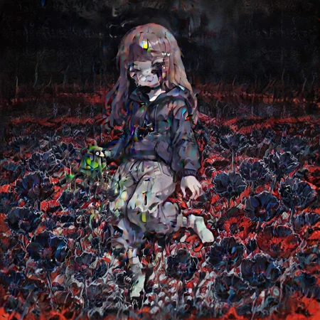 Paula,1girl,Brown hair,mask with :3 symbol,choker,bangs, hoodie,baggy gray pants,white socks,Long hair
Paula lying on her side in a field of black flowers. Paula is crying, her eyes watering, tears running down her face and falling to the ground, black sky, red sound, red atmosphere, depressing atmosphere, dull, dark colors.