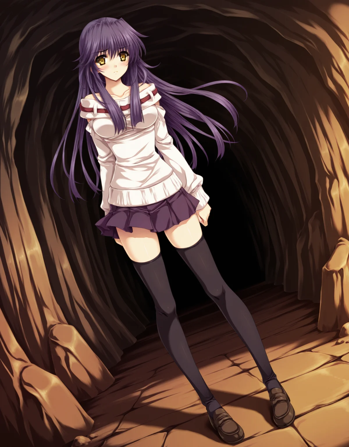 masterpiece,best quality,very aesthetic,zPDXL,
1girl,(skinny:1.1),cave,indoors,dynamic_angle,dynamic_pose,solo,purple hair,long hair,full body,yellow eyes,uncensored,<lora:yae_new-000029:0.8>,blush,standing,1girl,solo,thighhighs,long hair,skirt,purple hair,zettai ryouiki,sweater,breasts,blush,bare shoulders,black thighhighs,yae_d1,loafers,