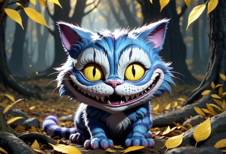 cheshire cat, horror-themed, game art, "3D animated character with cat features, anthropomorphic face with glowing eyes and sharp teeth, horns on head, standing in forested area with yellow leaves on ground." grimdark, highly detailed, 4k <lora:_general\xl_pcm_smallcfg_8step_converted>