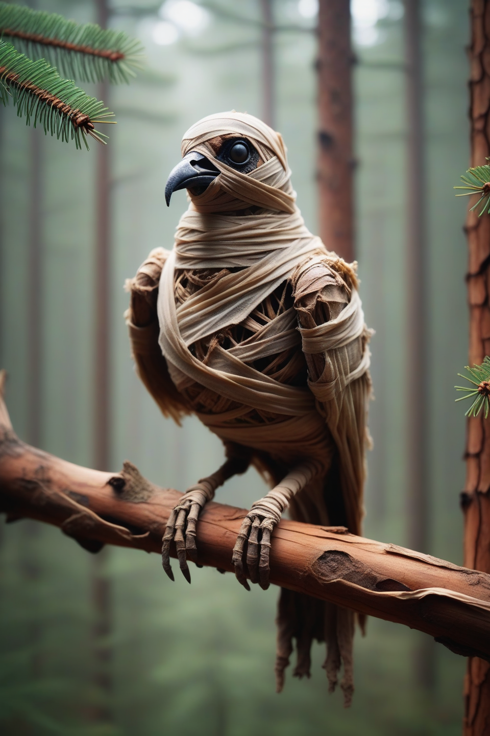 photo of a mummified bird on a pine tree branch in the forest , masterpiece, bokeh, natural geographics <lora:mummified_sdxl:0.8>