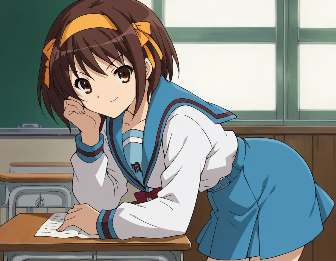 score_9, score_8_up, score_7_up, source_anime,
haruhisuzumiya, <lora:haruhi-suzumiya-s1-ponyxl-lora-nochekaiser:1>,
haruhi suzumiya, short hair, brown hair, brown eyes, hairband, medium hair, ribbon, hair ribbon,
skirt, long sleeves, school uniform, serafuku, sailor collar, blue skirt, blue sailor collar, winter uniform, kita high school uniform,
indoors, classroom, bent over, smile,
looking at viewer, cowboy shot, solo,