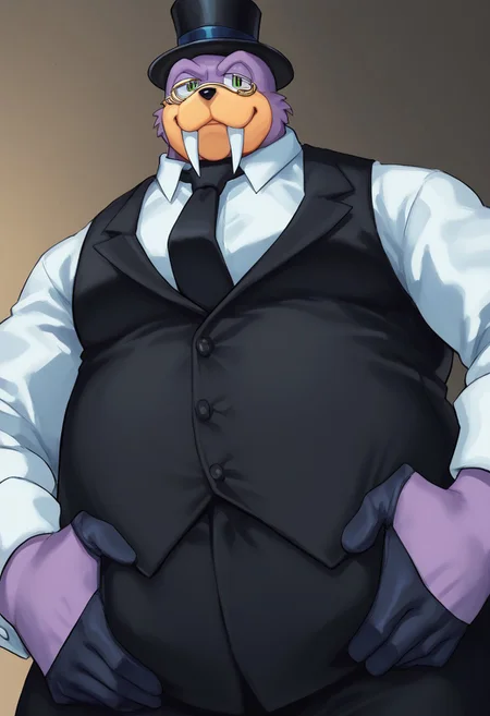 score_9, score_8_up, score_7_up, furry male, Rotor the walrus, green eyes, fangs, furry,  furry anthro, 1930's hotel lobby, dutch angle, posing, 1930's fancy clothes, refined looking, (((dutch angle, posing, from below))), walrus, fat, overweight, walrus tusks, squinting eyes, large white handlebar mustache, smile, solo, 1boy, male focus, <lora:pony_monocles-step00000800:1>,(monocle),round eyewear, top hat,, suit, gloves, furry male, mustache, necktie, a robber-baron wearing a monocle on a chain on his left eye, top hat, white shirt, black vest from 1900 holding a pocketwatch, standing
BREAK
ambient light, (masterpiece:1.2), (highly detailed:1.2), (intricate:1.2), (best quality:1.2),(8k:1.2), (sharp:1.2), (majestic:1.2), natural lighting, detail++