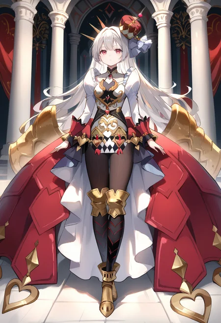 (score_9:0.9),score_8_up,score_7_up,rating_safe,anime style,(zPDXL),(zPDXL3),<lora:MALICE Queen Hearts of Crypter ponyXL v1:0.75>, mâlice queen hearts of crypter, 1girl, solo, castle, red crown, gold armored boots, closed mouth, expressionless, full body, looking at viewer, black pantyhose, heart halo, multicolored dress, floating