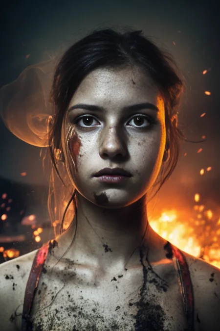 A up angle portrait photo of a beautiful girl, dirty smudged face, background shows war, fire, riots, people, running, chaos, halo, smoke, lights