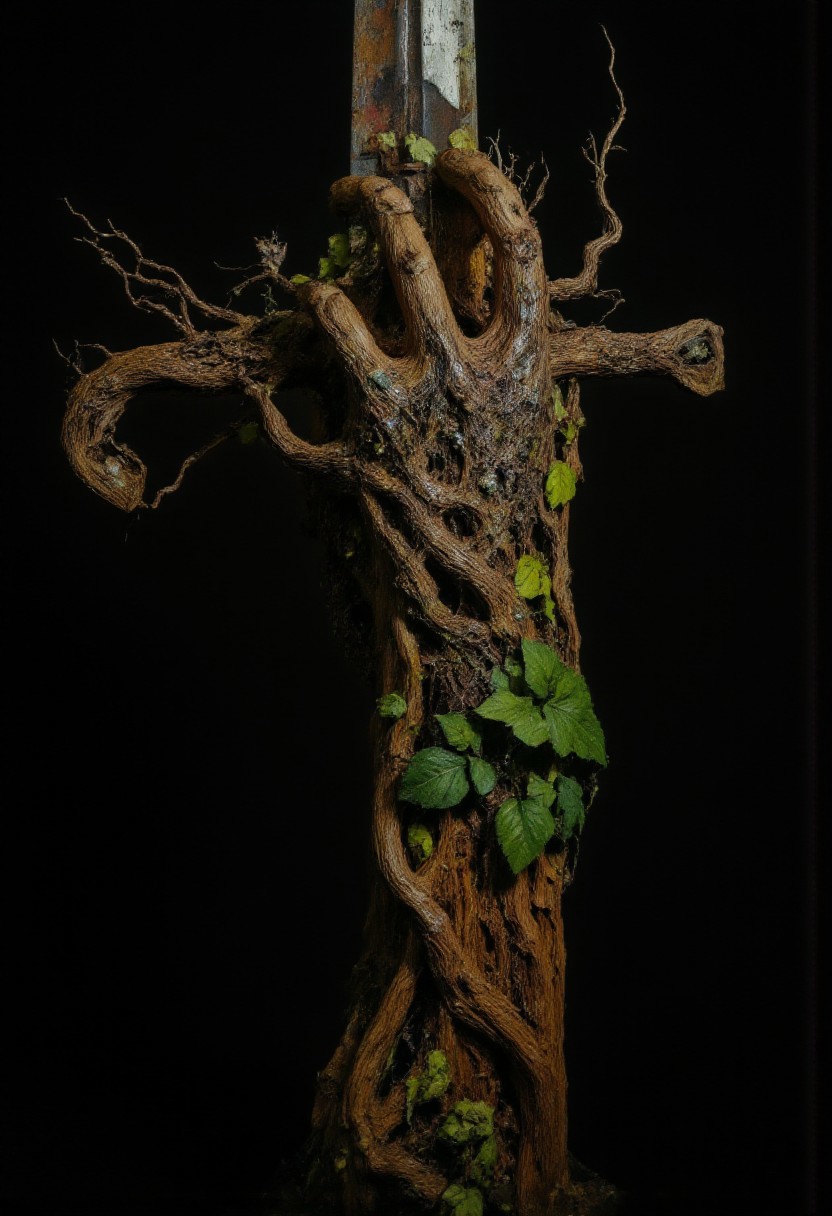 rootform, hand close-up, an evil gleaming black blade with gnarled ancient roots wrap like fingers around the rusted iron handle of a long and demonic sword. Vines and leaves of the plant hand burn black in the dark aura, contrasting with the lively greens of the leaves farther away from the sword. Intricate wood textures and detailed lighting effects. Mood is somber and sinister with a feeling of corruption.