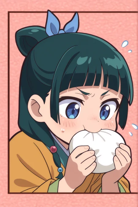 <lora:Maomao:0.8> Maomao, yellow hanfu, green hair, blue eyes, freckles, annoyed expression, furrowed brows, sweat drops, chibi art style, holding large white dumpling/bun, close-up, biting into food, teal collar visible, pink background