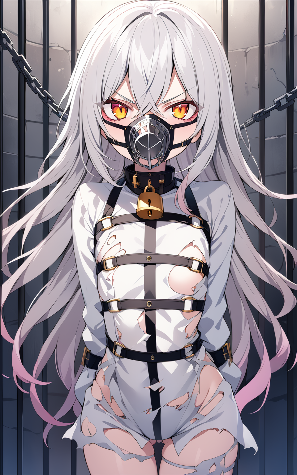 masterpiece, best quality, 1girl, solo, vita_\(bambina\), vita_\(straitjacket\), torn clothes, small breasts, v-shaped eyebrows, lock, chain, muzzle, cowboy shot, arms behind back, looking at viewer, prison cell,<lora:vita_ver1:0.7>
