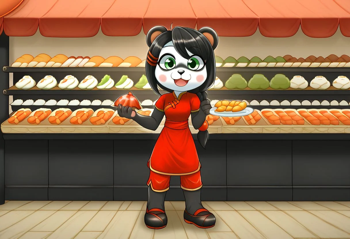 zPDXLxxx, YayaPandaPXL, furry,furry female, animal ears, green eyes, braid, black hair, panda ears, hair over shoulder, hair ornament, animal nose, blush, blush stickers, happy, simple chinese red dress, joyful, black chinese pants, black chinese shoes, eating chinese street food, china street market night background, cheerful, happy customers, chinese night food market, chinese nightlife, crowded streets,