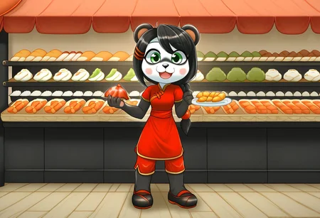zPDXLxxx, YayaPandaPXL, furry,furry female, animal ears, green eyes, braid, black hair, panda ears, hair over shoulder, hair ornament, animal nose, blush, blush stickers, happy, simple chinese red dress, joyful, black chinese pants, black chinese shoes, eating chinese street food, china street market night background, cheerful, happy customers, chinese night food market, chinese nightlife, crowded streets,