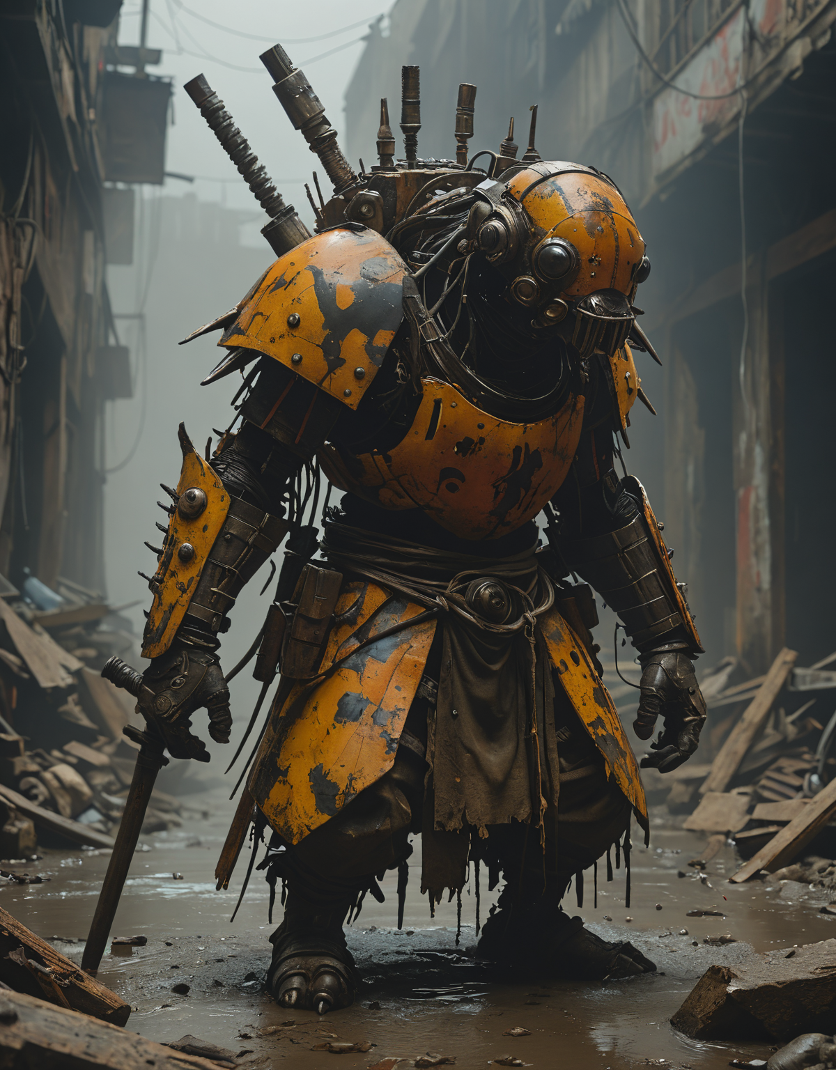 detailed hyperrealism, burst of color, gloom, Ashley Wood, Kekai Kotaki, Oscar Chichoni, epic, feudal, intricate creature in a hostile environment, (JMW Turner), darkness, gloom, 4K <lora:epi_noiseoffset2:1> <lora:add-detail-xl:1>