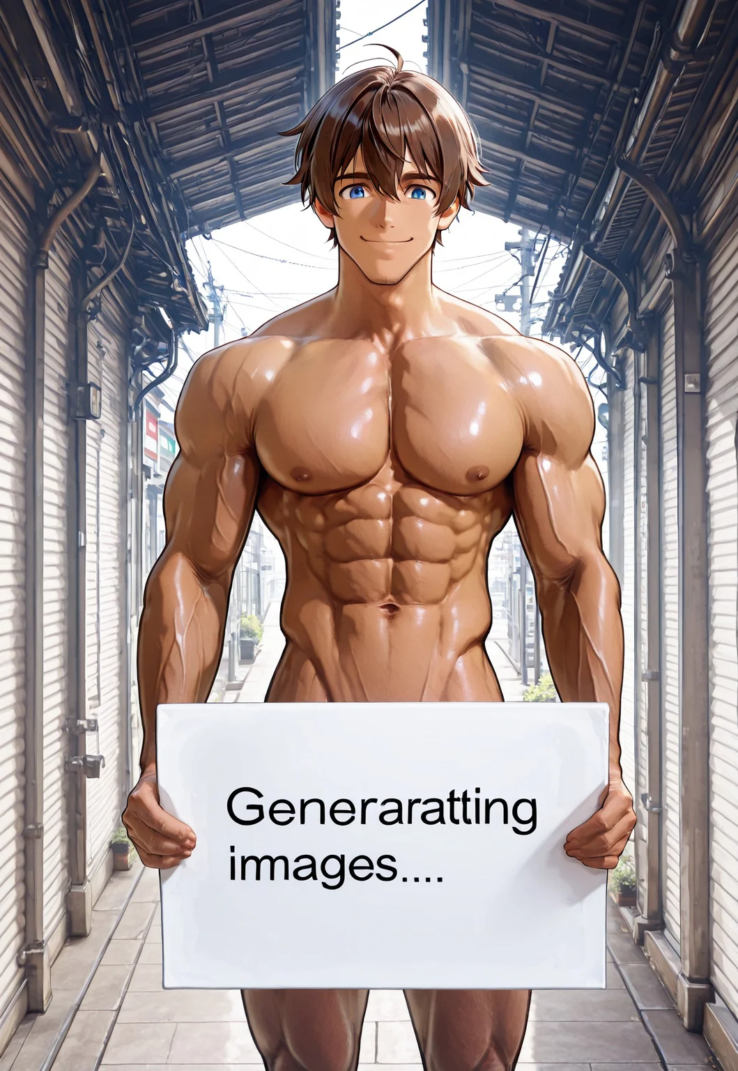 score_9, score_8_up, score_7_up, score_6_up, score_5_up, score_4_up, high quality, (detailed eyes:1.5), (detailed face), ((perfect face)), master piece, best high quality, ultra details, intricate details, male focus, detailed body, detailed background, perfect anatomy, masterpiece, high quality, best quality, amazing quality, very aesthetic, absurdres, Muscle_placeholder, Man holding sign, (((big letters "Generating images...":1.25))), muscular male, brown hair, blue eyes, smiling, holding sign over crotch, muscular pecs, abs, muscular arms, muscular legs, muscular shoulders, anime, masculine, manly, bodybuilder, english text