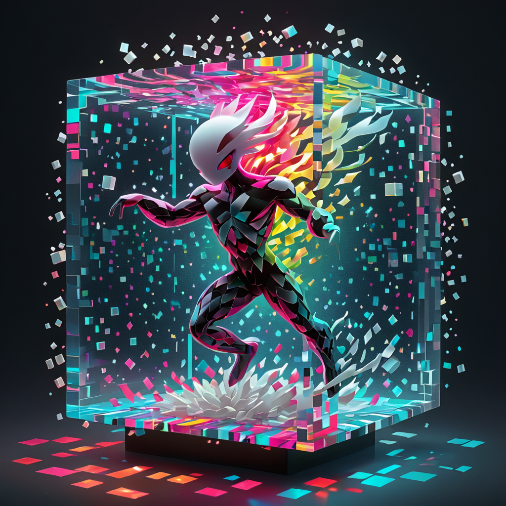 <lora:artfullyHOLOGRAPH_SDXL_V1:.8>,arthlgrm,<lora:artfullyCUBED_SDXL_V1:.7> , artcbd,  <lora:artfullyECHELIER_SDXL_V1:.5>, artchlr,
LIGHT AS A PARTICLE IS A PHOTON, CUBED, CUBED LIGHT, IS HOLOGRAPHIC, HOLOGRAMS ARE DREAM STATE, IN THE STYLE OF BACHELIER AND ESCHER, 
LIGHT/PSYCHIK POKEMON - HOLOGRAPHIC CUBED DREAM BEING OF PURE MESMER POWER - NEON PINK, NEON CYAN, VANTA BLACK, PEARL WHITE, FLOATING IN A BLACK HOLE