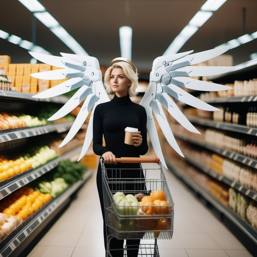 cinematic photo a woman with wings grocery shopping <lora:Angel1024:0.8> . 35mm photograph, film, bokeh, professional, 4k, highly detailed