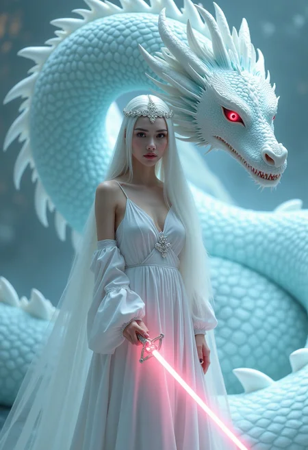 A surreal and hyper-realistic scene featuring a classical beauty dressed in a flowing white silk gown, accompanied by a majestic light blue dragon woman is positioned in the foreground and the dragon coiled behind her. The woman has long, pale hair adorned with a headpiece, white gown, Her skin is fair, and her expression is serious, with a glowing pink sword held in front of her. The dragon has white blue scales, glowing red eyes, and emits a mystical aura. The intricate details of her attire and the dragons scales are highlighted, set against a dreamy, ethereal background. The scene is illuminated with soft, magical lighting, enhancing the otherworldly and enchanting atmosphere.
surreal, hyper-realistic, classical beauty, white silk gown, majestic white dragon intricate details, dreamy background, ethereal, soft magical lighting, enchanting, otherworldly, visually stunning, high quality, detailed, sharp clarity, breathtaking, elegant, graceful.
looking at viewer, long hair, white hair,