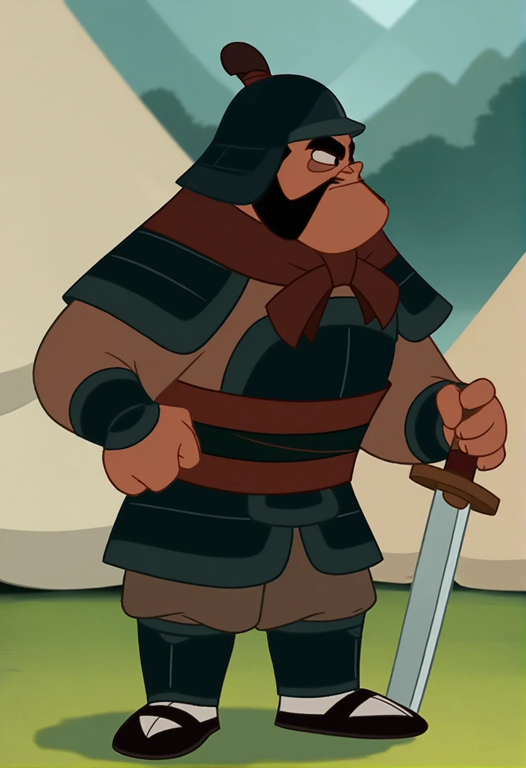 ,yao1998, male focus, black hair, facial hair, thick eyebrows, short hair, mustache, beard,(male only, male focus,male:1.3),masterpiece, best quality, high quality, detailed, full body, armor, sword, helmet, japanese armor, solo, front view, <lora:Yao1998-illustrious:1>, camp, out side, tents,