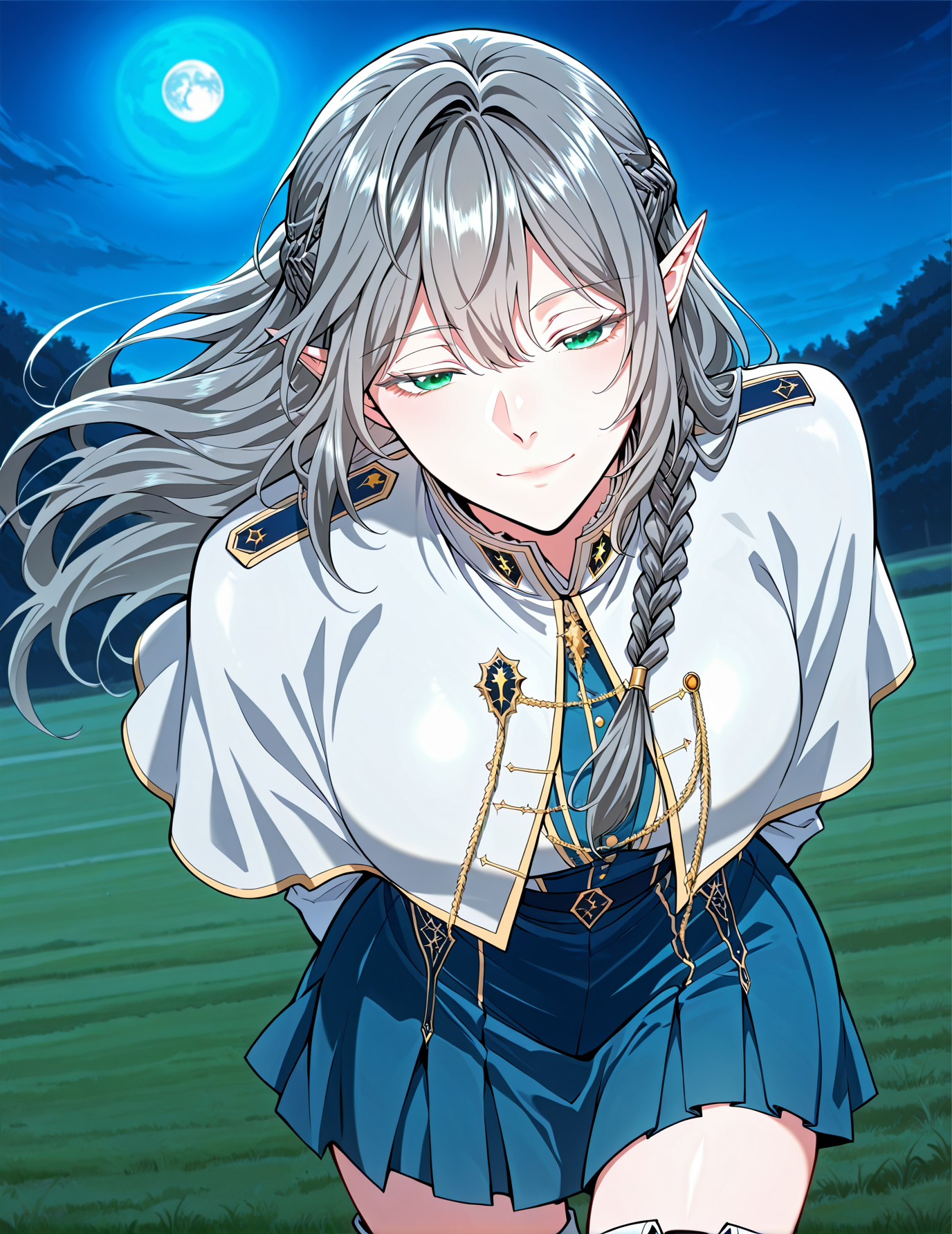 <lora:Tessia_Eralith__The_Beginning_After_the_End__Illustrious_v1-000008:1>
1 girl, solo, elf, pointy ears, green eyes, grey hair, braid, side braid, french braid, hair bettween eyes, bangs, long hair, ahoge
uniform, white capelet, white shirt, long sleeves, blue skirt, thigh boots, hair ornament, ring, jewelry
score_9, score_8_up, score_7_up, very aesthetic, source_anime, detailed, high quality, beautiful, masterpiece, detailed eyes, field, blurry background, pose dynamic angle, upper body, cowboy shot, light smile, floating hair, half-closed eyes, hands behind back, leaning forward, looking forward, looking at viewer, night, blue moon,  <lora:iLLMythG0thicL1nes:1>