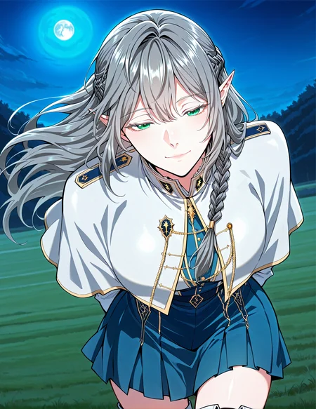 <lora:Tessia_Eralith__The_Beginning_After_the_End__Illustrious_v1-000008:1>
1 girl, solo, elf, pointy ears, green eyes, grey hair, braid, side braid, french braid, hair bettween eyes, bangs, long hair, ahoge
uniform, white capelet, white shirt, long sleeves, blue skirt, thigh boots, hair ornament, ring, jewelry
score_9, score_8_up, score_7_up, very aesthetic, source_anime, detailed, high quality, beautiful, masterpiece, detailed eyes, field, blurry background, pose dynamic angle, upper body, cowboy shot, light smile, floating hair, half-closed eyes, hands behind back, leaning forward, looking forward, looking at viewer, night, blue moon, <lora:iLLMythG0thicL1nes:1>