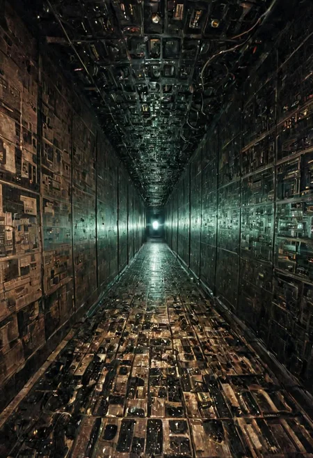 a dystopian matrix abyss by H.P. Lovecraft, a long floor into eternity, black reflecting tiles, dimmed lightning, vintage sci-fi led panels, electrical panels, neo pale man in the end of the floor, looking to viewer, tool band art