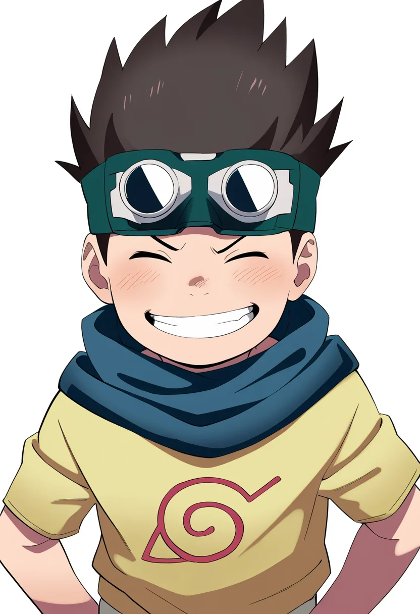 best quality, amazing quality, very aesthetic, absurdres,
1boy, konohamaru, spiked hair, black eyes, brown hair,
scarf, goggles on head, yellow shirt, short sleeves,
smile, closed eyes, standing,
looking at viewer, solo, simple background, white background, <lora:KonohamaruNoobXL_byKonan:1>