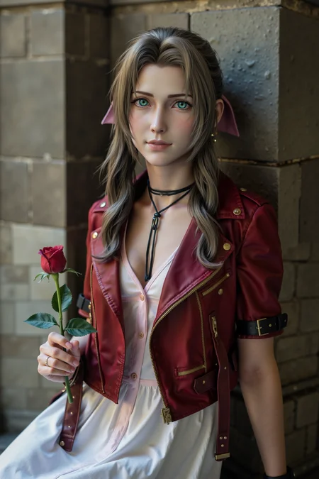 A professional photograph of Aerith Gainsborough leaning against an ancient stone wall, her posture relaxed but her eyes sharp, looking just past the camera. Sheâs holding a single rose loosely in one hand, her expression enigmatic, as though sheâs keeping a secret., <lora:Aerith Gainsborough:1.0>
