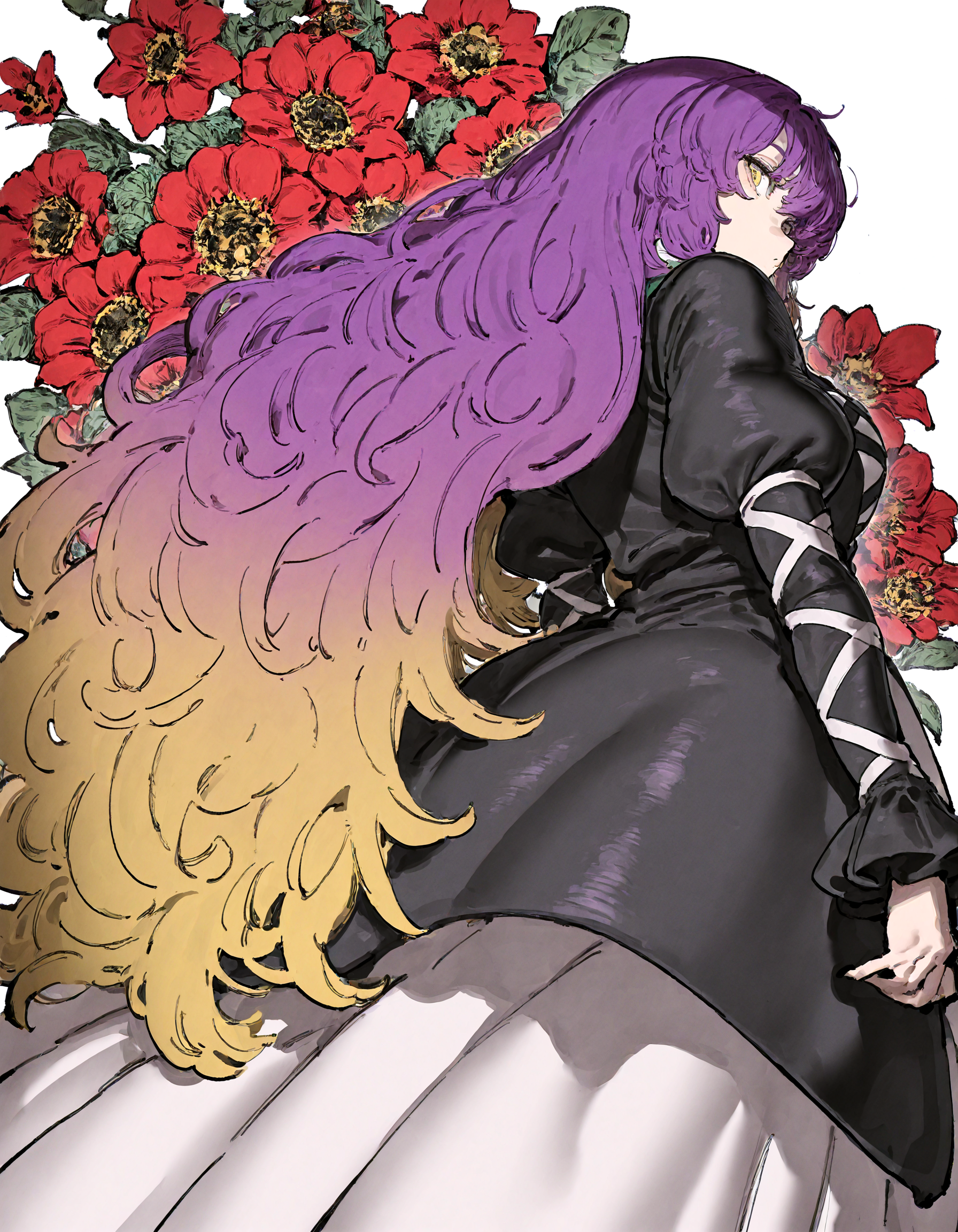 1 girl,, hijiri_byakuren,  1girl ,, black_dress, blonde_hair, ,dress, flower, gradient_hair, juliet_sleeves, long_hair, long_sleeves, looking_back, ,multicolored_hair, puffy_long_sleeves ,puffy_sleeves ,purple_hair, red_flower, standing ,very_long_hair ,wavy_hair ,white_background, yellow_eyes,
, munakata_(sekimizu_kazuki),dekosukentr ,ireading,kubo_tite_(style) ,remyaruku65,
,masterpiece, best quality, newest, absurdres, highres,
, <lora:add-detail-xl:0.5>,  <lora:USNR STYLE_XL_loha:0.6>, <lora:cfg_scale_boost:0.4>,