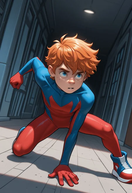 1boy, male focus, cute boy, BaileyBriggs, maskless, Orange Hair, Blue Eyes, Freckles, Spiderboy Costume, Two-tone Bodysuit, Red Bodysuit, Blue Bodysuit, Red Blue Sneakers, cinematic, intricately detailed illustration, depth of field, masterpiece, best quality, amazing quality, very aesthetic, absurdres, newest, very awa, shadow, dynamic angle, casual cosplay, dynamic pose, action pose,