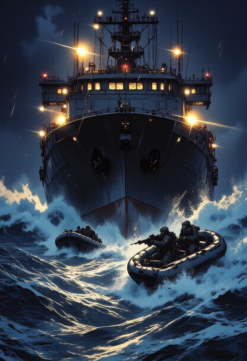 a scene under the cover of night, a tactical team races through rough seas toward a massive cargo freighter, its towering structure glowing with industrial floodlights. The Zodiac boat cuts through the frothy waves as rain pours, drenching the operators. The soldiers are positioned strategically, their body language indicating focus and readiness, weapons aimed at unseen targets. The ship's metal hull glistens ominously, with water pouring off its sides in thunderous sheets. The mood is cinematic, blending the raw power of the ocean with the cold precision of a military mission.