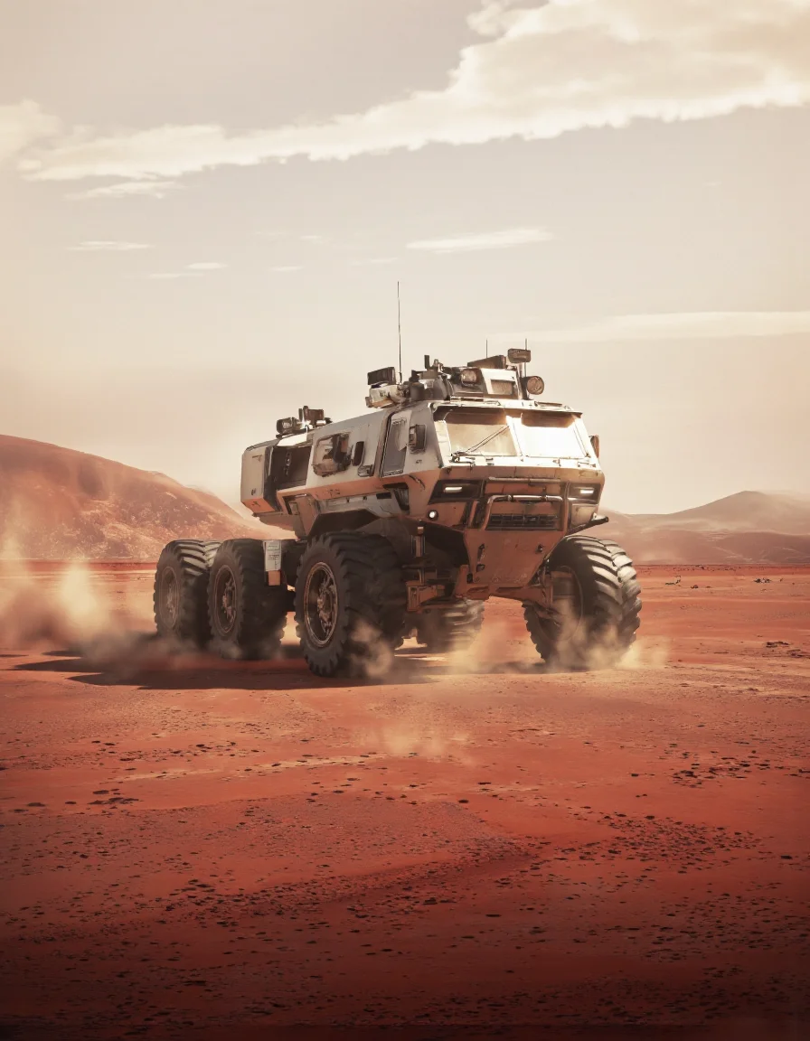 QuantumZ. A futuristic, sci-fi concept art shoot from a front camera angle about a futuristic vehicle driving on a barren landscape. the image features a large, armored vehicle with four large, off-road tires and a sleek, metallic body, positioned in the center of the frame. the vehicle has a large windshield and a windshield guard, and is equipped with various sensors and lights on its roof. it is driving through a dusty, barren landscape with red sand dunes and distant mountains in the background, illuminated by a soft, warm light that casts a golden glow on the vehicle. the sky is hazy and dusty, with a few wispy clouds scattered across the horizon. the overall mood of the image is one of exploration and discovery, with the vehicle navigating through the vast expanse of the desert.