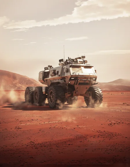 QuantumZ. A futuristic, sci-fi concept art shoot from a front camera angle about a futuristic vehicle driving on a barren landscape. the image features a large, armored vehicle with four large, off-road tires and a sleek, metallic body, positioned in the center of the frame. the vehicle has a large windshield and a windshield guard, and is equipped with various sensors and lights on its roof. it is driving through a dusty, barren landscape with red sand dunes and distant mountains in the background, illuminated by a soft, warm light that casts a golden glow on the vehicle. the sky is hazy and dusty, with a few wispy clouds scattered across the horizon. the overall mood of the image is one of exploration and discovery, with the vehicle navigating through the vast expanse of the desert.