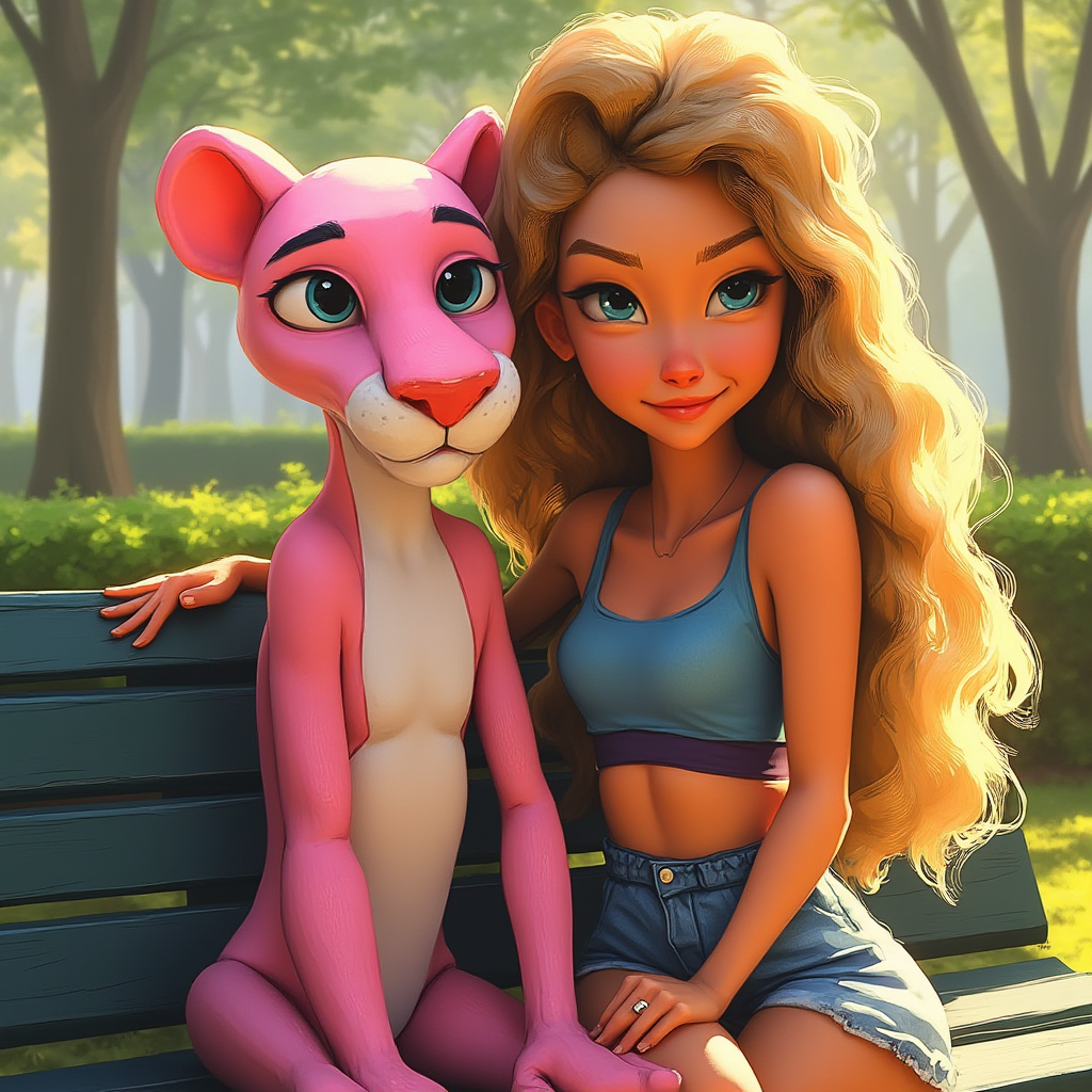 cartoon Pink Panther with a cute funny woman with blue eyes and long curly blonde hair, They both are sitting on a bench in the park, SamYoung_Illustration