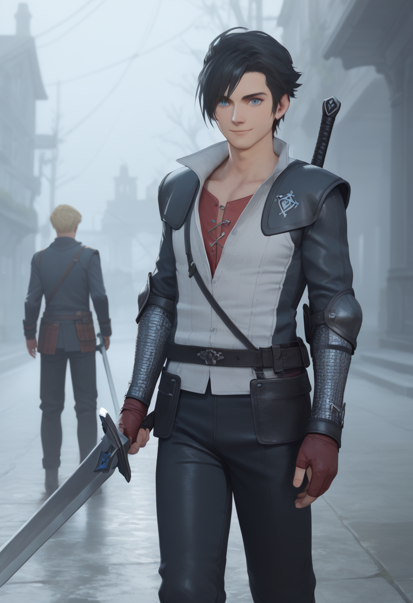 score_9, score_8_up, score_7_up, BREAK anime, 1boy, clive_ffxvi, holding, black  hair, blue eyes, holding sword, smile, holding sword, blurred background, extremely bright daylight <lora:Clive_Rosfield:0.6>