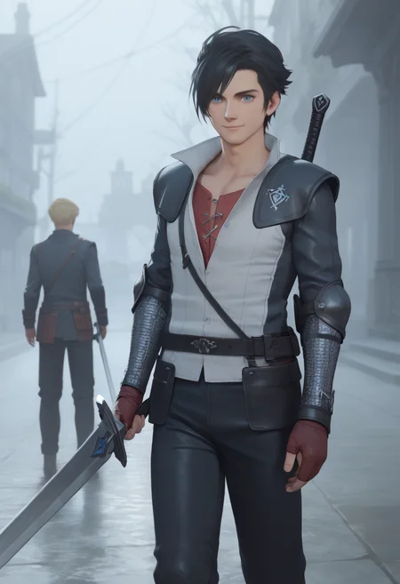 score_9, score_8_up, score_7_up, BREAK anime, 1boy, clive_ffxvi, holding, black hair, blue eyes, holding sword, smile, holding sword, blurred background, extremely bright daylight <lora:Clive_Rosfield:0.6>