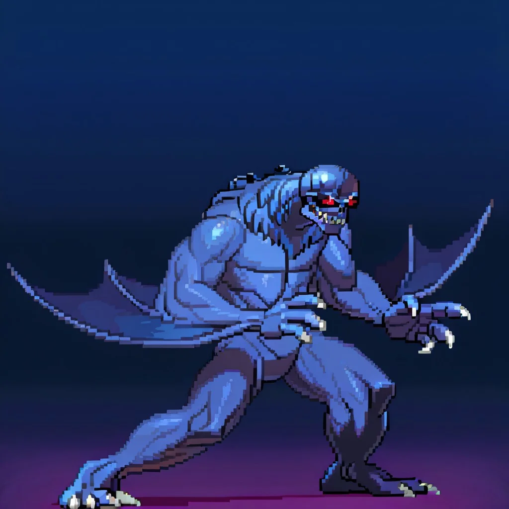 masterpiece, high quality, absurdres, detailed, solomon, kaiju, demonic kaiju, no humans, humanoid, skull face, monster, dark blue fur, dark blue skin, glowing red eyes, sharp teeth, humanoid arms, sharp claws, white claws, bat wings coming out of his arms, SF3XL,, full body, fighting stance, from side, looking away,,