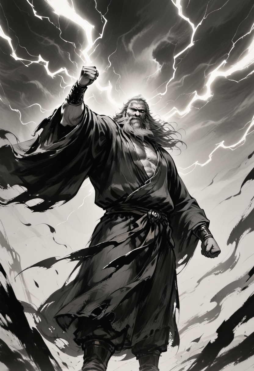 1boy, solo, beard, facial hair, lightning, electricity, greyscale, robe, long hair, plump, holding, simple background, standing, torn clothes, mature male, grey hair, old man, clenched hand, muscular male, old, wind, male focus, from below,
BREAK
bara, best quality, masterpiece, very aesthetic, absurdres, highest detailed, very awa, detailed background, <lora:Ink_wash_painting_style_v2.0:0.8>