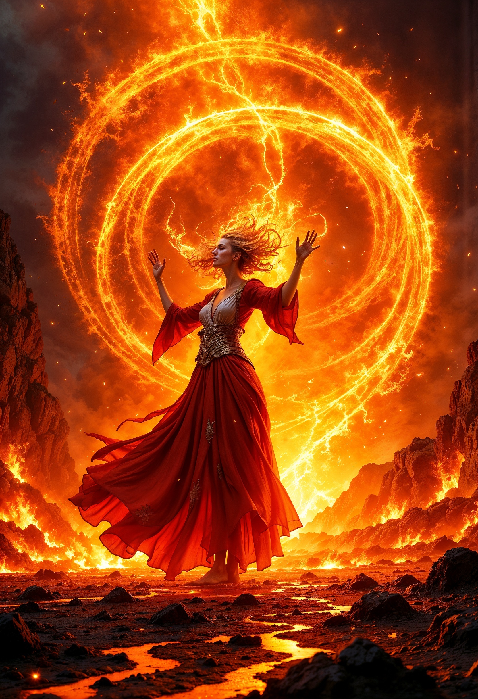mythp0rt, The image showcases a breathtaking fire goddess, her face illuminated by the fiery glow of a molten landscape. She stands amidst a sea of molten lava, the ground beneath her feet cracking with heat as rivers of magma pulse through the scorched earth. Her hair, a flowing cascade of living flames, dances wildly around her, each strand crackling with raw energy. With eyes that burn like twin suns, she raises her hands to the sky, summoning the flames around her into a magnificent, towering inferno. The fire swirls and spirals in intricate patterns, forming blazing arcs that light up the darkened sky. The surrounding landscape, a desolate expanse of smoldering rocks and ash, glows with the intensity of her power, making her the brilliant center of this fiery, awe-inspiring scene
 (maximum ultra high definition image quality and rendering:3), maximum image detail, maximum realistic render, (((ultra realist style))), realist side lighting, , 8K high definition,  realist soft lighting, (amazing special effect:3.5) <lora:FluxMythP0rtr4itStyle:0.8>