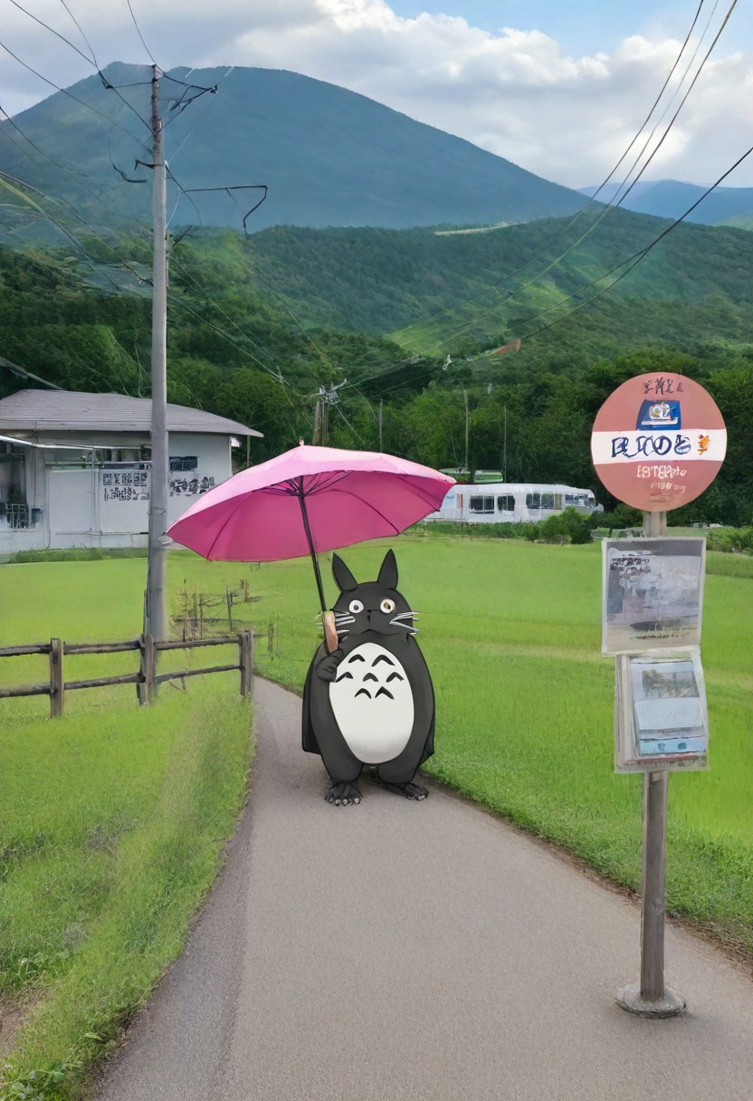 totoro,holding an umbrella,basutei, bus stop, no humans, scenery, grass, outdoors, rural, tree, sky, sign, utility pole, mountain, power lines, day, real world location, building, road, house, cloud, landscape, poster (object), mountainous horizon, fence, hill, photo background, bush, japan, field, nature
masterpiece, best quality, amazing quality, very aesthetic, absurdres, newest,
 <lora:sc_bustei_illustrious_V1L:1>