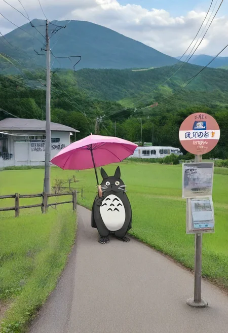 totoro,holding an umbrella,basutei, bus stop, no humans, scenery, grass, outdoors, rural, tree, sky, sign, utility pole, mountain, power lines, day, real world location, building, road, house, cloud, landscape, poster (object), mountainous horizon, fence, hill, photo background, bush, japan, field, nature
masterpiece, best quality, amazing quality, very aesthetic, absurdres, newest,
<lora:sc_bustei_illustrious_V1L:1>