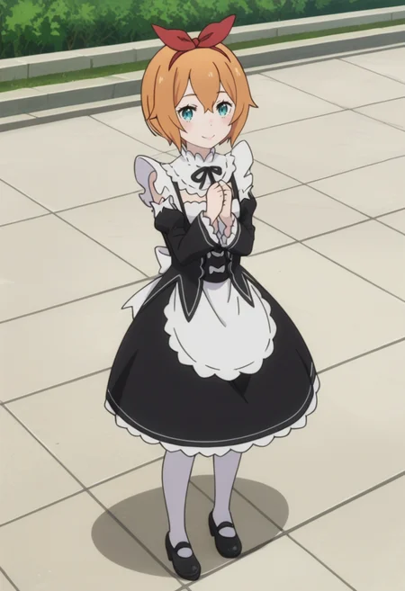score_9, score_8_up, score_7_up, source_anime,anime screencap, anime coloring,intricate details,rating_safe, masterpiece, best quality,
(best quality, absurd res, ultra detailed),1girl, ((solo)), good eyes,perfect eyes,,detailed eyes, zPDXLxxx , zPDXL3,detailed, detailed face, <lora:add-detail-xl:3>,
BREAK
<lora:petra:0.8>, petra, blue eyes, orange hair, short hair, hair between eyes, bow hairband,
maid, roswaal mansion maid uniform, detached sleeves, skirt, white pantyhose, black shoes,
BREAK
standing,
smile,looking at viewer,