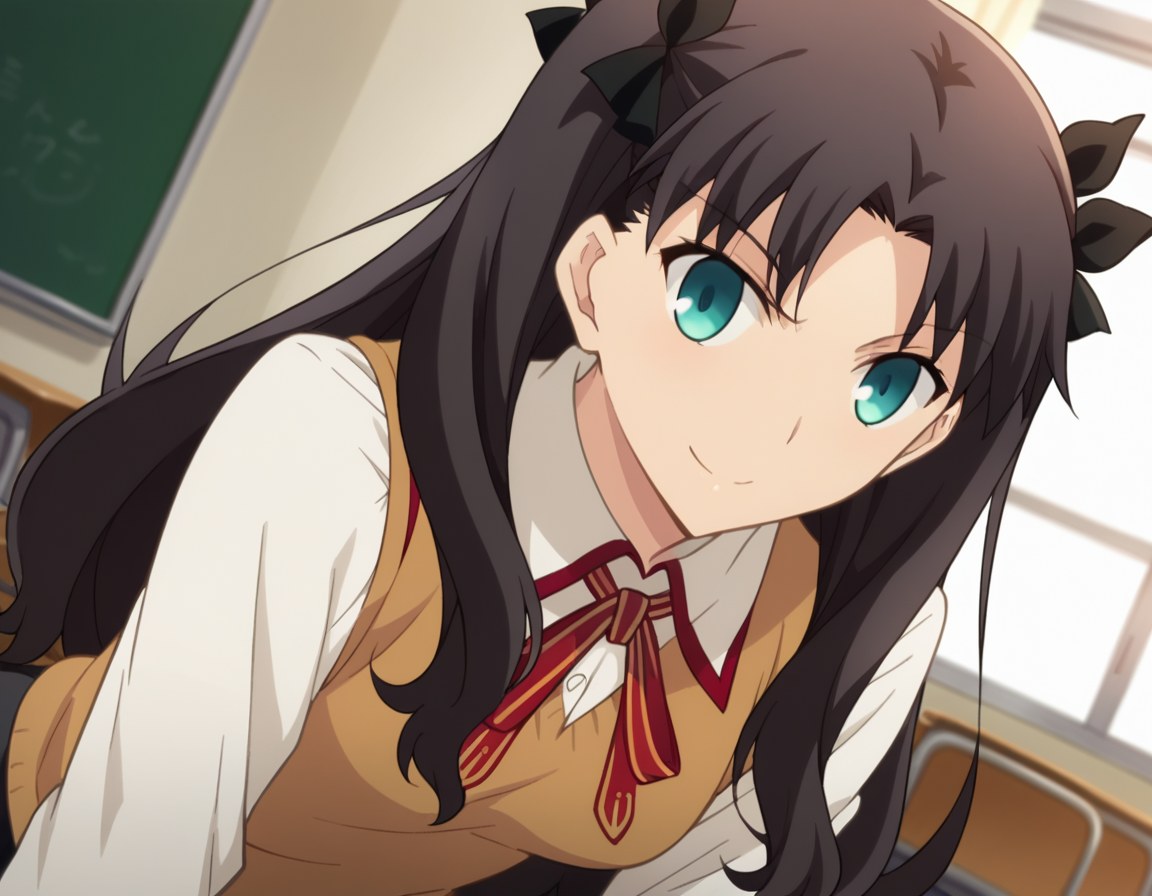 score_9, score_8_up, score_7_up, source_anime,
rintohsaka, <lora:rin-tohsaka-ubw-ponyxl-lora-nochekaiser:1>,
rin tohsaka, aqua eyes, black hair, hair ribbon, long hair, ribbon, sidelocks, two side up, parted bangs,
brown sweater vest, collared shirt, homurahara academy school uniform, neck ribbon, red ribbon, ribbon, school uniform, shirt, sweater vest, white shirt,
indoors, classroom, smile, bent over,
looking at viewer, dutch angle, cowboy shot,