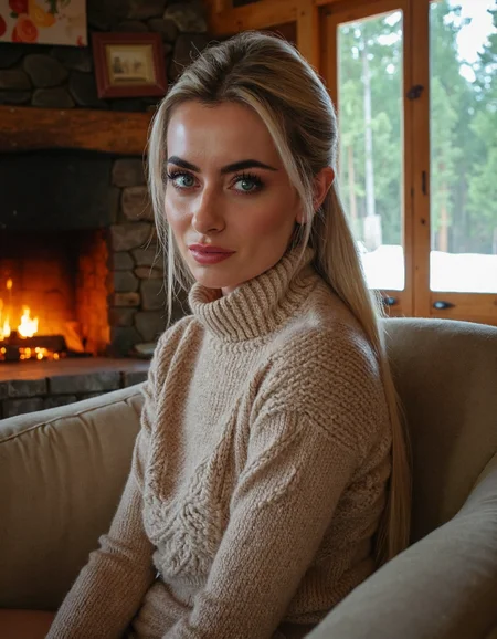 Subject: A woman sitting on a plush, oversized armchair in a cozy, rustic cabin surrounded by towering trees and a crackling fireplace.
Lighting: Warm, golden light from the fire casting a cozy ambiance.
Camera Angle: Eye-level shot, looking straight at the woman's face as she gazes out at the viewer.
Composition Style: Leading lines of the chair and surrounding decor converge to her eyes.
Clothing: High-necked, long-sleeved sweater in soft, earthy tones with a chunky knit pattern.
