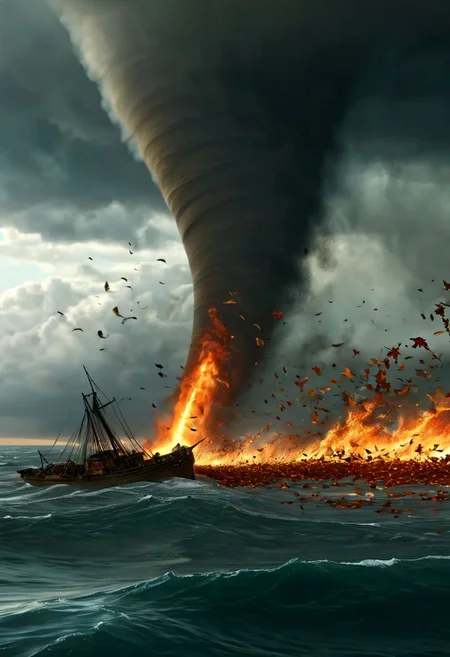 tornado over ocean, burning leaves, epic battle, masterpiece, dynamic, highly detailed