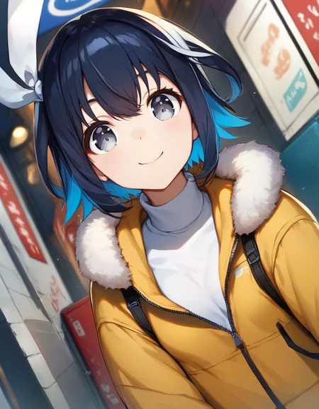 score_9,score_8_up,score_7_up,score_6_up BREAK official art,solo,outdoors,smile,upper body,(portrait:1.5),looking at viewer,facing viewer,Konoha Akisato,short hair,black hair,blue hair,two-tone hair,colored inner hair,hair ribbon,white ribbon,hair between eyes,bangs,grey eyes,yellow jacket,fur-trimmed jacket,zipper,white shirt,turtleneck shirt,long sleeves,small breasts,miniskirt,blue skirt,pleated skirt,black socks,sneakers,<lora:Konoha Akisato(16bit s)-Pony:1.4>,<lora:Smooth Anime Style LoRA XL:0.8>,
