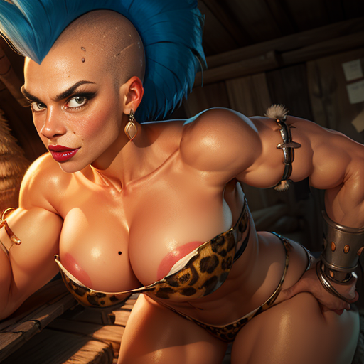 Kug,blue hair,mohawk,lipstick,  standing, serious expression, shaved eyebrows,  abs, earrings, close up, solo, mole above lip, covered nipples, sweating, 
KuPrint,strapless leopard print bikini, iron bracers, tooth bracelet, 
ass, thighs, 
blush,  smiling, 
forest, jungle,  in a small wooden hut, ripped clothes,
(insanely detailed, beautiful detailed face,  masterpiece, beautiful detailed  eyes, best quality)   <lora:Kug:0.8>