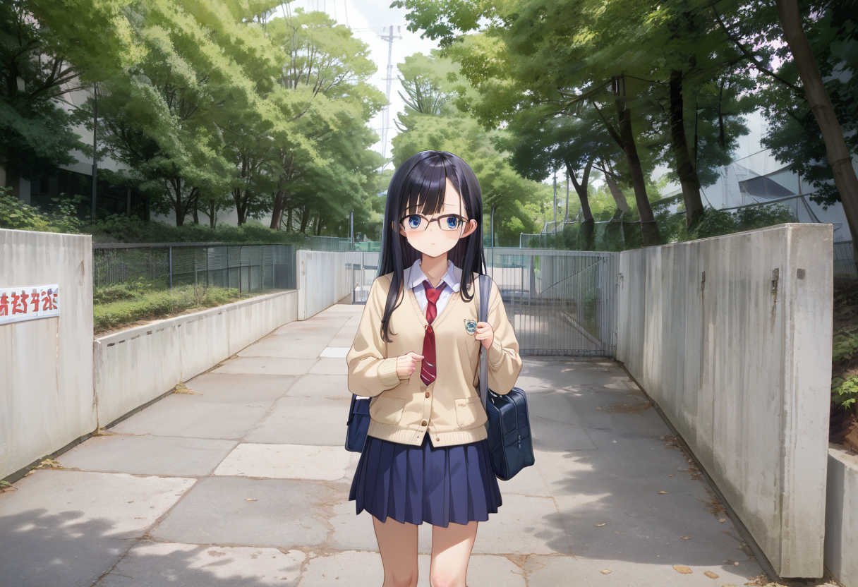 score_9, score_8_up, score_7_up, rating_safe, masterpiece, best quality, absurdres, unity 8k wallpaper, official art, official style, source_anime, uncensored, game cg, megami magazine,
1girl, solo, glasses, black hair, long hair, blue eyes, collared shirt, red necktie, pleated skirt, blue skirt, cardigan, looking at viewer, blush, school bag, 
school gate, tree, scenery, outdoors, fence, day, sign, building, real world location
 <lora:schoolgate_PONY_V1:1>