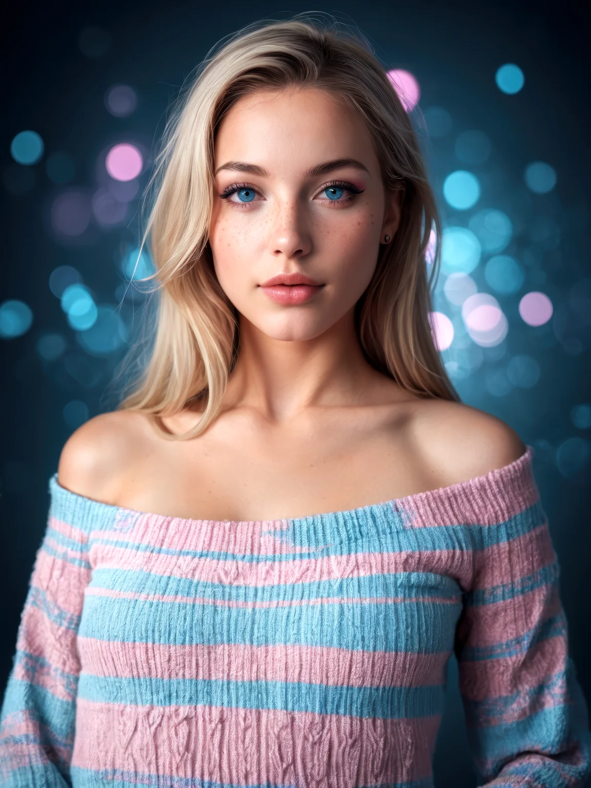 score_9, score_8_up, score_7_up, realistic lighting, photo, photorealistic, 1girl, mysterious girl with freckles, an exotic girl in off-shoulder sweater, fading backlit background, pastel colors, alluring goddess, amazing depth, double exposure, surreal, geometric patterns, intricately detailed, bokeh, perfect balanced, deep fine borders, artistic photorealism, smooth