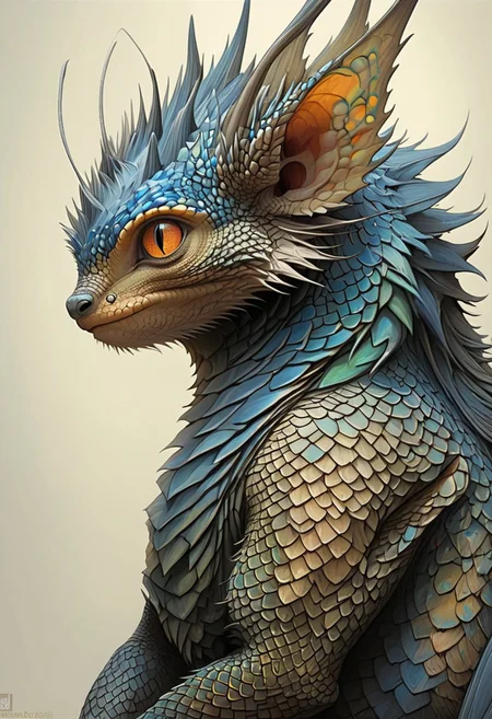 Produce a visually striking, masterpiece of wildlife portrait_futurism of a hybrid creature, combining the vibrant, intricate scales of a colorful Dragon Fire, Blue scales with the endearing features of a cute chibi aye-aye. The hybrid creature's skin boasts a kaleidoscope of rich, iridescent hues, ranging from deep emerald greens to shimmering sapphire blues, creating a mesmerizing display of color and texture. Its eyes, large and expressive like those of an aye-aye, exude a sense of innocence and curiosity, framed by long, fluffy lashes that add a touch of whimsy to the creature's appearance. The creature's slender fingers, tipped with delicate claws, exhibit a surprising dexterity and grace, while its tail, adorned with intricate patterns reminiscent of exotic reptilian scales, coils elegantly around its body. The vivid contrast between the lizard's reptilian features and the aye-aye's endearing characteristics results in a captivating, one-of-a-kind creature that effortlessly blends beauty and charm.